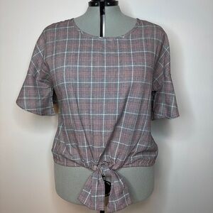 Plaid Tie-Front Top Bell Sleeves Kontrol